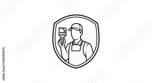 Painter in protective gear holding a dripping brush within a shield emblem
