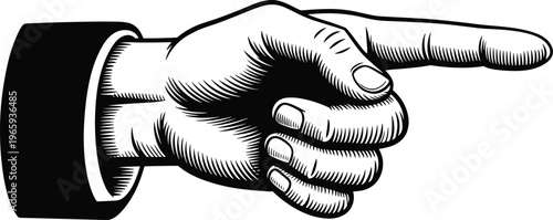 Pointing hand illustration, vintage engraved gesture, isolated black and white vector, direction symbol, pointer icon, communication, guidance, and choice concept