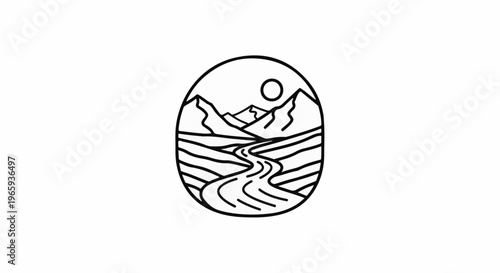 Outline of a river winding through mountains under a sun