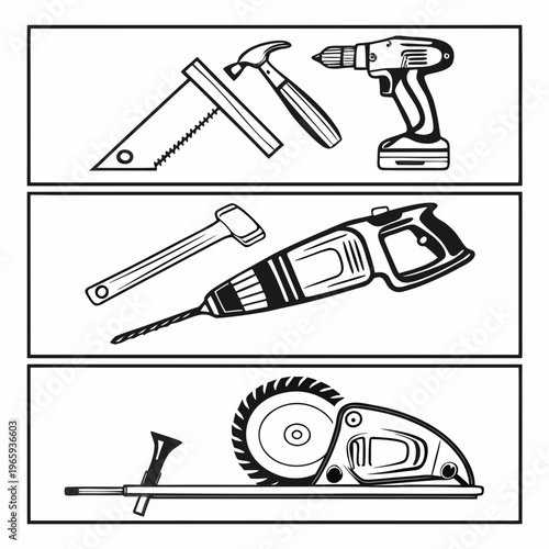Three separate panels show different sets of construction and woodworking tools including a saw, hammer, and drill; a sledgehammer and another drill; and a circular saw