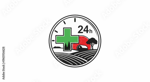 Circular emblem featuring a green cross, fields, barn, trees, and '24h' text