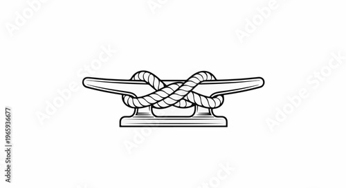 Detailed line art of a nautical cleat with a thick rope tied securely around it