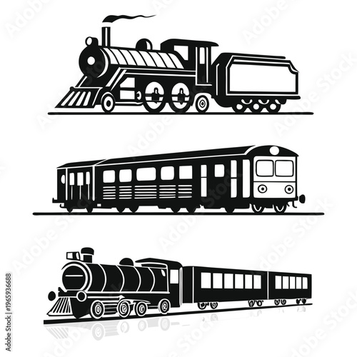 Detailed black and white illustrations of classic steam engines and passenger rail cars capturing historical transportation history and heritage