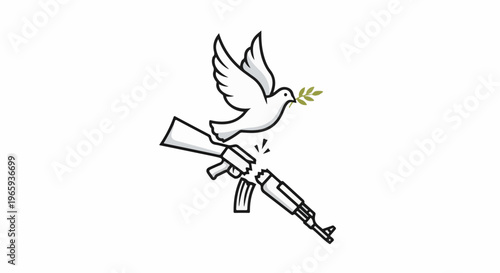 Dove of peace breaks rifle, symbolizing end of conflict