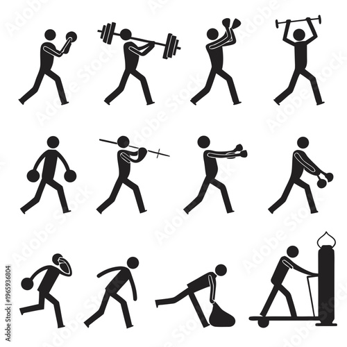 Male figures practicing sports and fitness routines with equipment like kettlebells medicine balls and gym machines for healthy lifestyle concepts