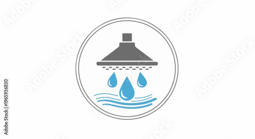 Icon depicting a showerhead raining droplets into wavy water lines within a circle
