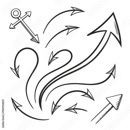 Set of hand-drawn arrow symbols and an anchor, various directions and styles, doodle sketch vector illustration for pointers or navigation