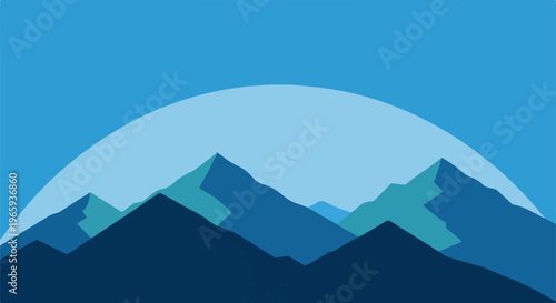 Minimalist blue mountain range under a light blue sky crescent