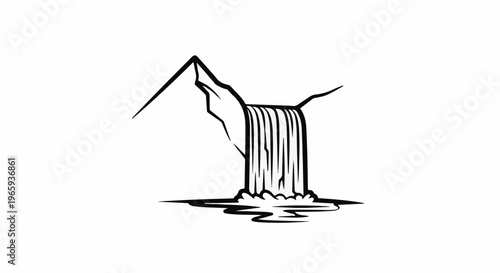 Minimalist black ink illustration of a mountain waterfall cascading into a pool