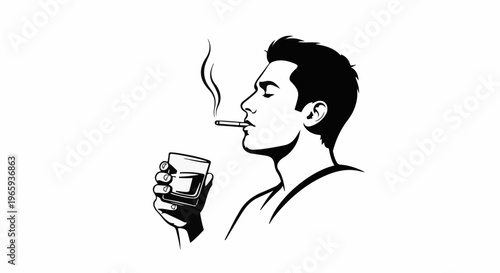 Man smoking cigarette and holding a glass of whiskey