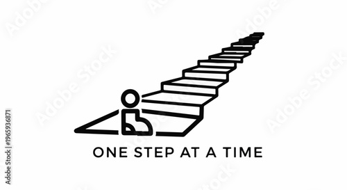 Minimalist icon depicts a figure in a wheelchair approaching a long staircase, symbolizing progress
