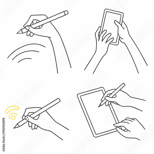 Hands holding stylus and tablet set with writing drawing and tapping gestures on digital devices using modern technology