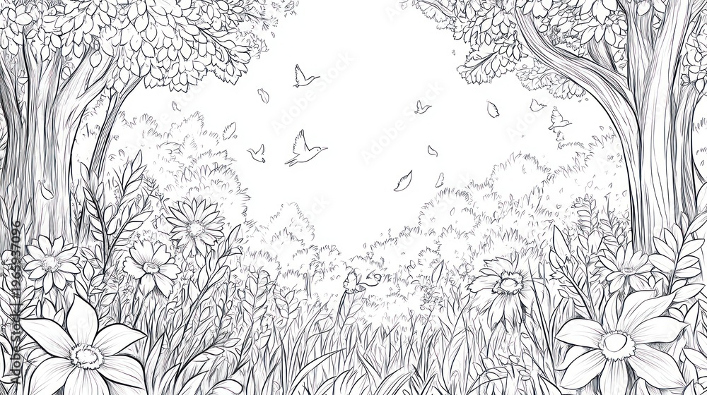 Fototapeta premium Forest path in spring, tranquil scene, for coloring book