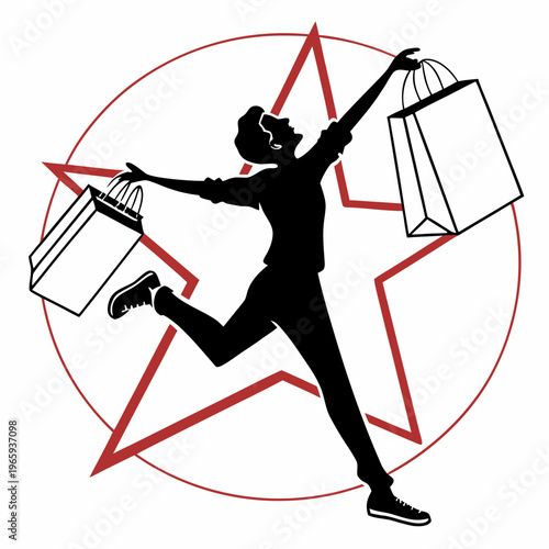 Enthusiastic male shopper silhouette jumping with multiple paper bags against red star background for big sale event promotion and retail design