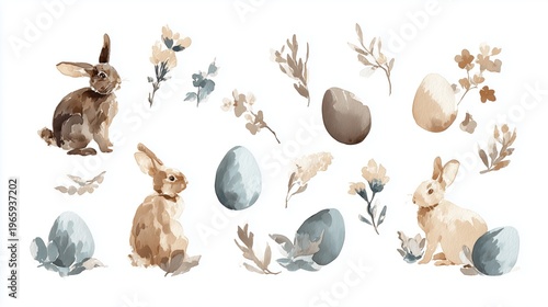 watercolor easter bunny eggs and florals chinoiserie style pastel illustration