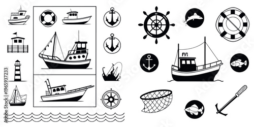 Fishing Boat Vector Icon Set – Marine Fishing Vessel Bundle, Nautical Fishing Icons Collection