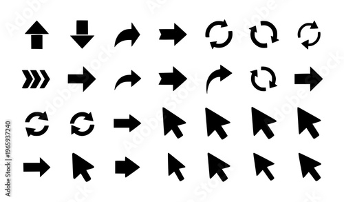 Black arrow icon set with navigation cursor symbols in flat minimalist grid layout vector