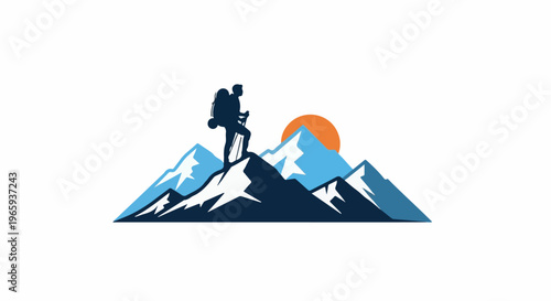 Silhouette hiker stands atop a mountain peak, sun sets behind it