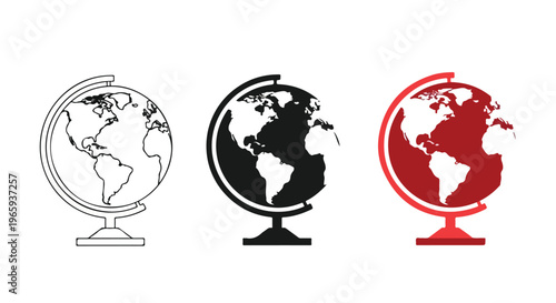 Three colored globe icons with world maps on a white background in black, red, and gray.