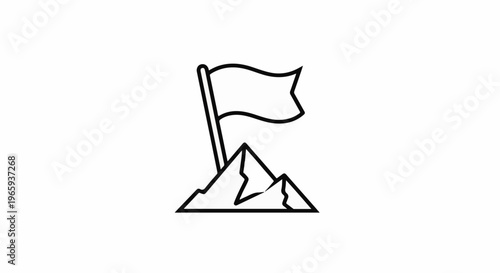 Line art of a flag planted atop a mountain peak