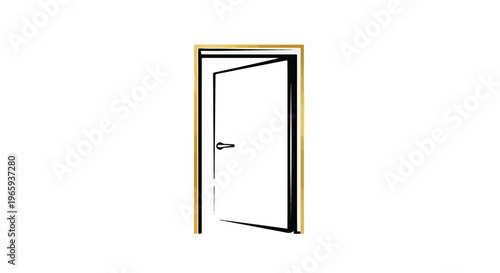 Open white door with black handle and wooden frame
