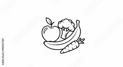 Line art illustration of an apple, broccoli, banana, and carrot on a white background