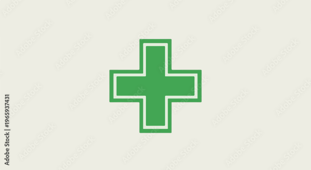 Obraz premium Simple green cross with a white outline on a pale background