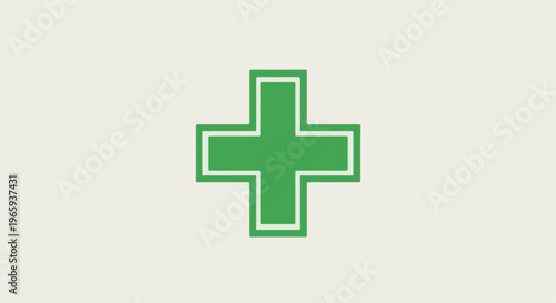 Simple green cross with a white outline on a pale background
