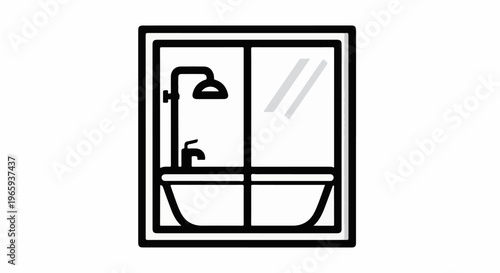 Simple line drawing of a bathtub with a shower fixture and a reflective panel