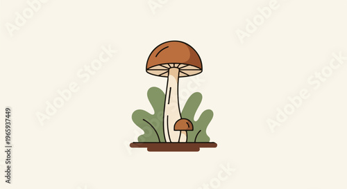 Stylized illustration of two mushrooms growing amidst green foliage