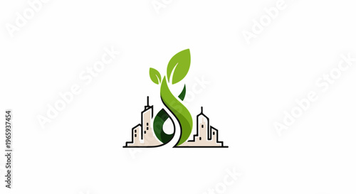 Green city growth symbol with leaves and buildings