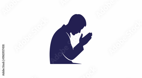 Silhouette of a man with hands clasped in prayer against white background