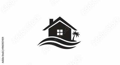Silhouette of a house on waves with a palm tree