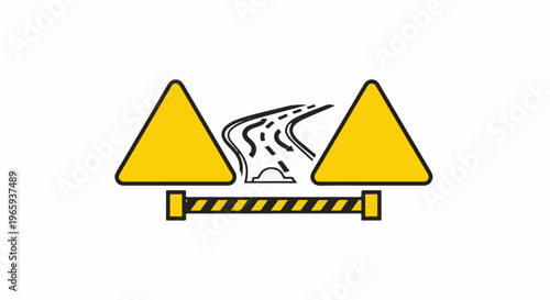 Graphic illustrating a road closure with warning signs and barrier