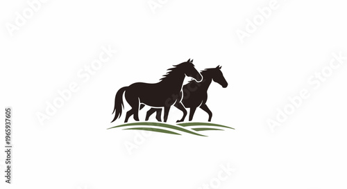 Two dark horses in profile with flowing manes and tails walk gracefully