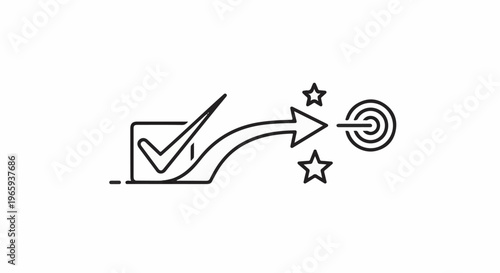 Stylized line art graphic shows a checkmark in a box leading to a target