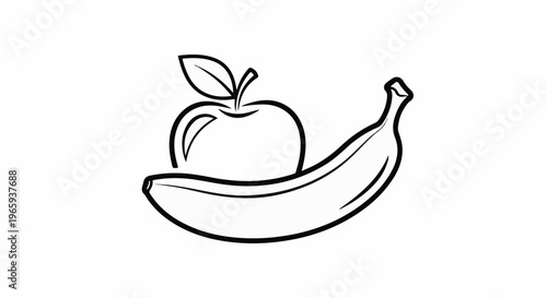 Simple outline drawing of an apple resting on a banana