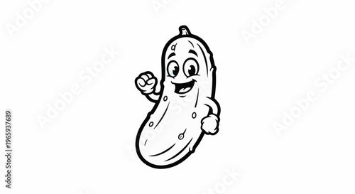 Cartoon pickle character with arms, legs, and a happy face