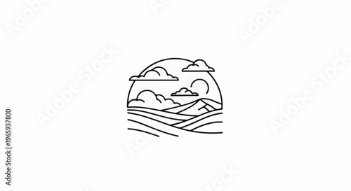 Stylized rural landscape with rolling hills, clouds, and sun