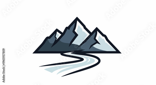 Stylized snowy mountain range with a winding river flowing