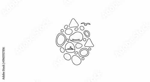 Abstract collection of pebble shapes, a bird, and two small boats on water