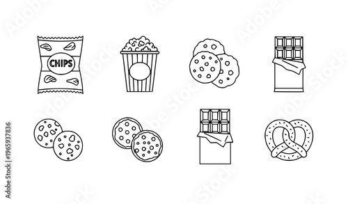 Minimal snack icons vector set simple outline food symbols isolated on white background