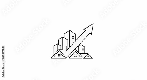 Stylized upward arrow graphic overlays abstract row of houses