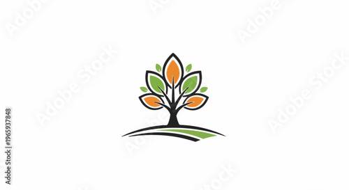 Stylized tree with orange and green leaves on a rolling landscape