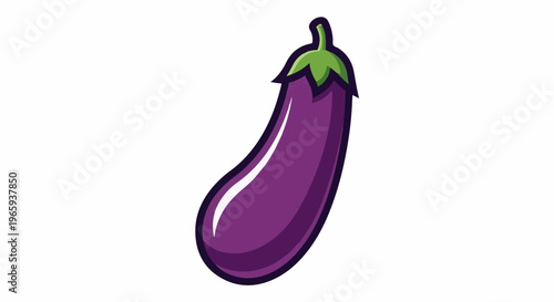 A stylized cartoon eggplant with a green stem and leaves, set against a white background