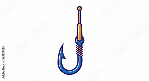 A stylized fishing hook with blue and orange accents on white