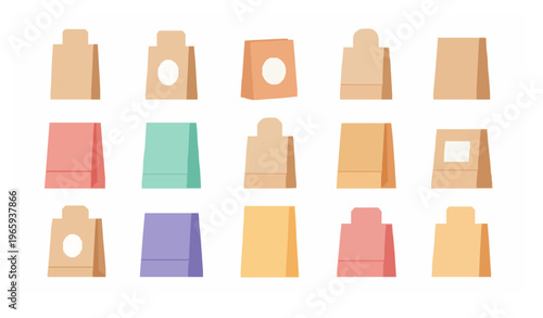 Paper bag vector set shopping and packaging bags flat design collection isolated on white background