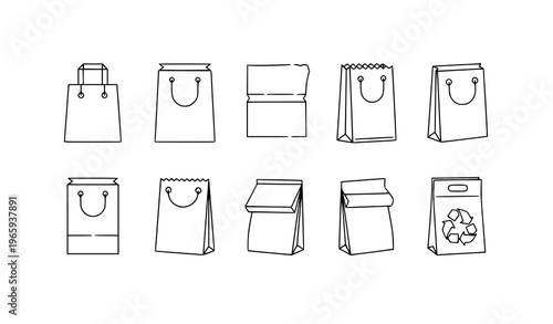 Minimal paper bag icons vector set simple outline shopping packaging symbols isolated on white background