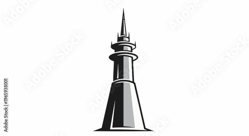 Stylized tall tower with a pointed spire, grey scale