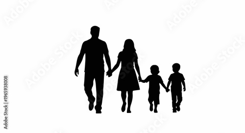 A family of four is silhouetted against a white background, holding hands